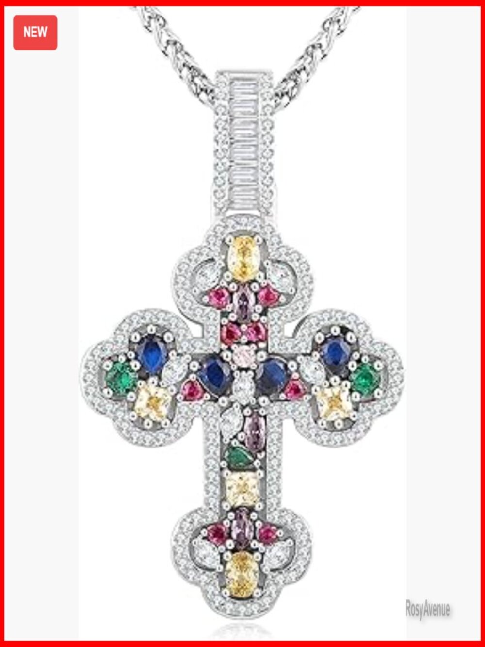 Men's Gold Plated Cross Pendant Necklace with CZ Stones, 20 Inch Chain